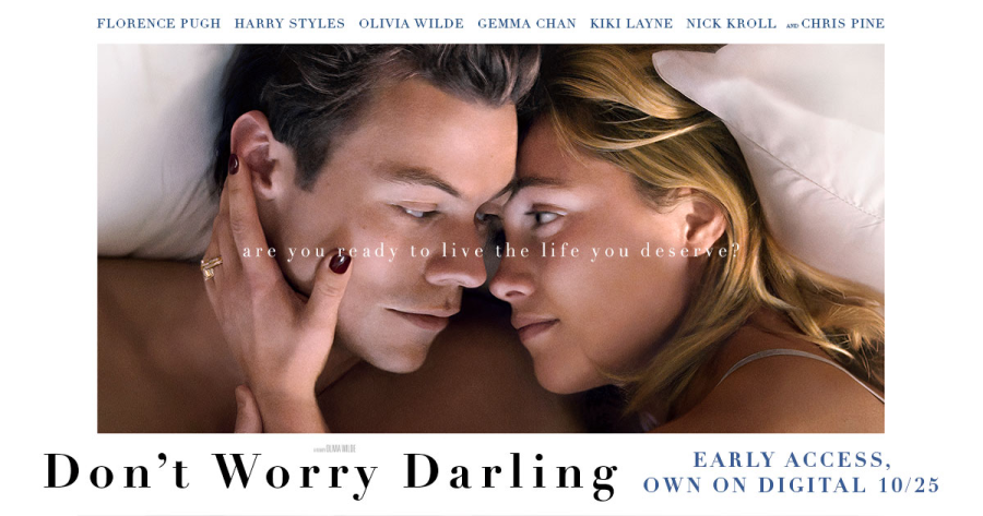 Dont Worry Darling advertisement showing Harry Styles and Florence Pugh in bed together.