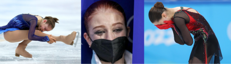 Yulia Lipnitskaya during her short program in the 2014 Sochi Olympic Games, Alexandra Trusova crying after receiving second place at the 2022 Winter Olympics, Kamila Valieva reacting after falling during the 2022 Winter Olympics
