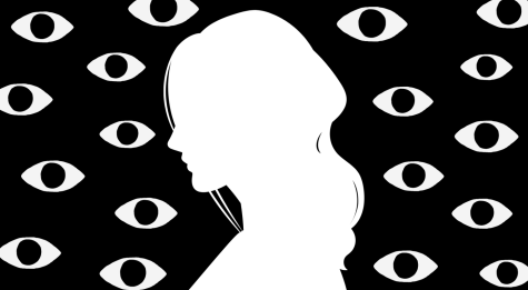 The silhouette of a girl in front of a wall of creepy eyes.
