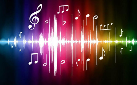 A colorful image of a sound byte with music notes floating around it.
