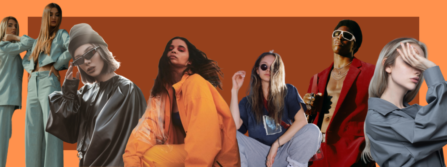 A collage of fashion models standing together on an orange background.