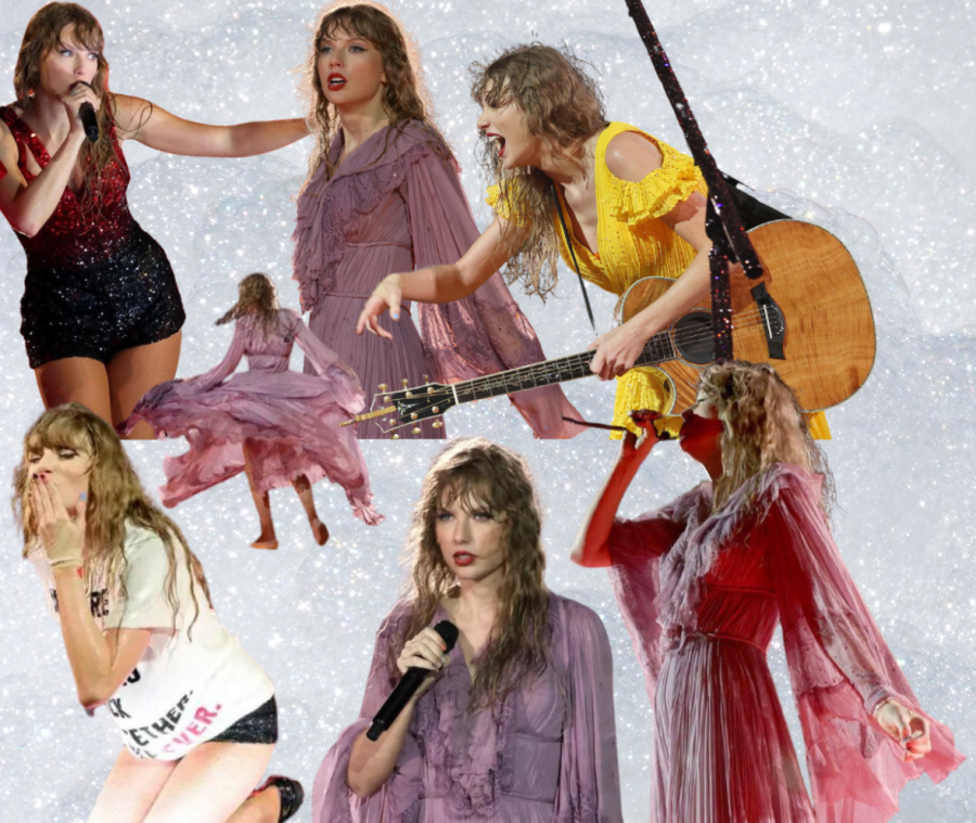 A+collage+of+Taylor+Swift+at+different+moments+performing+at+one+of+her+Eras+tour+concerts.