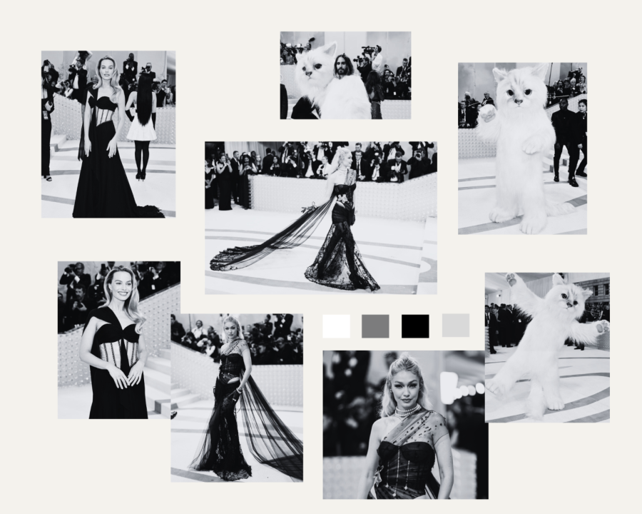 A+monochromatic+collage+of+Maddies+favorite+2023+Met+Gala+looks.